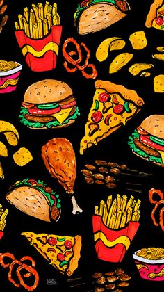 a black background with many different types of food on it, including fries and hotdogs