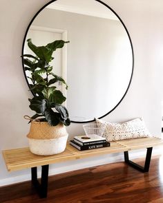 a wooden bench with a plant on it in front of a mirror