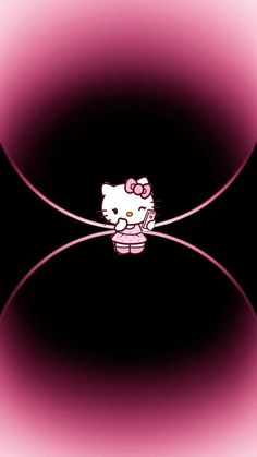 an animated image of a hello kitty sitting on top of a black surface with pink circles around it