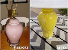 two vases sitting on top of a wooden table next to each other, one yellow and the other pink