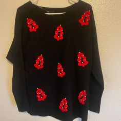 Aaeda Ladies Christmas Tree Sweater New Medium Black Red Stretchy Pullover Black Holiday Sweater For Winter, Festive Holiday Black Top, Black Top For Festive Holiday Occasions, Christmas Black Crew Neck Sweater, Black Christmas Festive Tops, Black Christmas Holiday Top, Black Festive Christmas Top, Casual Black Christmas Sweater, Black Festive Tops For Christmas