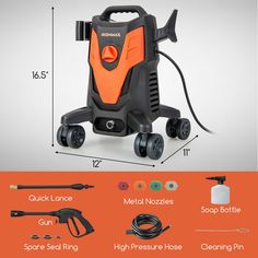 an orange and black pressure washer is shown with instructions for how to use it