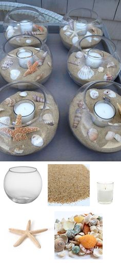 there are many candles and seashells in glass bowls on the table with sand