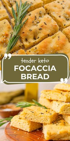 tender keto focaccia bread on a cutting board with rosemary sprigs