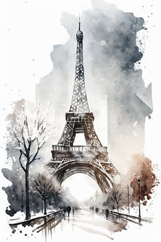 the eiffel tower in paris, france is painted with watercolors and ink