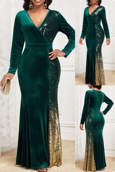 Dazzle the evening in Rosewe's Ombre Mermaid Maxi Bodycon Dress 🌌. This blackish green beauty features a cross collar, sequin embellishments, and an asymmetrical mermaid cut that's sure to turn heads. Perfect for any elegant occasion, it's crafted from 100% polyester for a sleek finish. #Rosewe #MermaidDress #SequinGlam #OmbreElegance #EveningWear #MaxiBodycon #CrossCollar #FashionStatement #ElegantStyle #DressToImpress 🖤👗 Green Floor-length Sequin Dress For Gala, Glamorous Green Sequin Maxi Dress, Fitted Floor-length Green Sequin Dress, Green Sequined Floor-length Maxi Dress, Valhalla Forest Green Sequin Lace-up Maxi Dress, Beauty Features, Green Long Sleeve