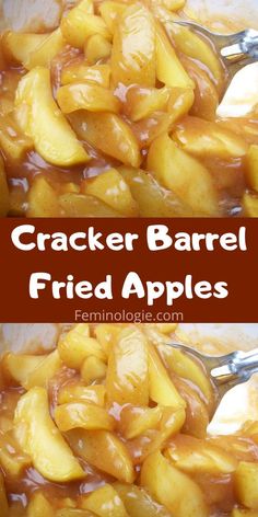 two pictures with the words cracker barrel fried apples in them and on top of each other