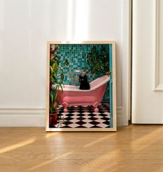 a black cat sitting in a pink bathtub next to a potted plant on the floor