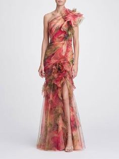 Marchesa Gowns, Organza Gown, Robes Glamour, Silk Evening Dress, Coral Print, Printed Gowns, Chiffon Gown, Silk Organza