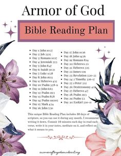 the armor of god bible reading plan is shown with flowers and stars in pink, white and