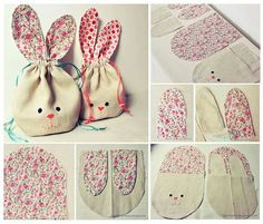 several pictures showing how to make an easter bunny bag