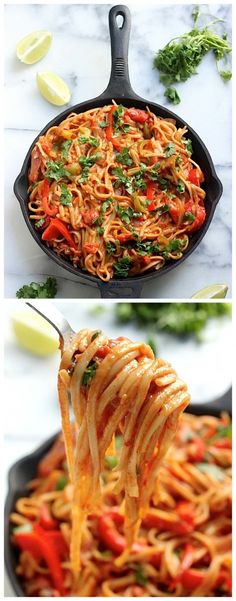 two pictures of pasta being cooked in a skillet