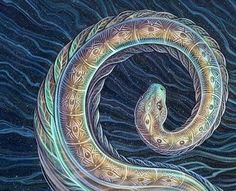 a painting of two snakes in the middle of water with blue and yellow swirls