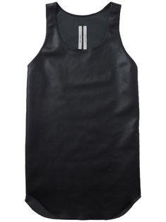 black lambskin scoop neck sleeveless racerback unlined curved hem Leather Tank Top, Brutalist Design, Wedge Heel Boots, Rick Owens Men, Jersey Skirt, Glam Rock, T Shirt Vest, Rick Owens, Black Tank Tops