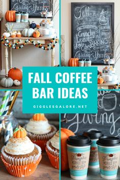 fall coffee bar ideas with pumpkins, cupcakes and other items on the table