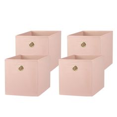 three pink bins with gold handles on each side and one has a button in the middle