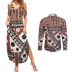 Bula Fiji Couples Matching Summer Maxi Dress and Long Sleeve Button Shirt Unique Masi Tapa Pattern LT14 Brown - Polynesian Pride Summer Maxi, Couples Matching, Summer Maxi Dress, Matching Couples, Summer Shirts, Hawaiian Shirt, Fashion Games, Hawaii, Color Design