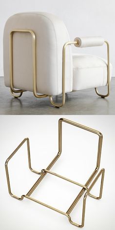 a white chair with gold metal frame on the back and side, next to an image of