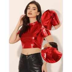 With its sleek and modern style, this short-sleeve crop top is the perfect addition to any outfit, making it instantly party-ready. Crafted with a mock neck, short sleeves, and a perfectly fitted bodice, this essential party top is sure to turn heads wherever you go. Whether you're heading to a club, night out, music festival, or any other occasion, this versatile piece can be dressed up or down to suit your style. Made from top-quality materials, this sparkle tee is not only stylish but also co Metallic Cropped Top For Night Out, Edgy Red Tops For Club, Red Stretch Edgy Top, Fitted Leather Crop Top For Night Out, Red Leather Crop Top, Metallic Crop Top, Sparkle Party, Short Sleeve Cropped Top, Party Tops