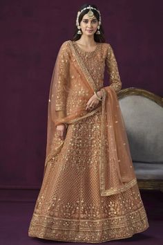 Beautiful Peach Color Embroidered Anarkali Suit In Net Fabric Anarkali Lehenga Gowns, Party Wear Anarkali, Net Gown, Net Gowns, Designer Anarkali Suits, Indian Salwar, Embroidered Anarkali, Readymade Saree, Anarkali Gown