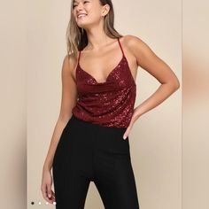 Lulu's Ready To Sparkle Burgundy Sequin Cowl Neck Sleeveless Bodysuit Sleeveless Bodysuit, Cowl Neck, Sequin, Sparkle, Womens Tops, Red, Women Shopping, Color