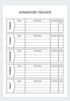 the work tracker is shown in black and white, with text that reads homework tracker