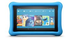 an image of a blue tablet with cartoon pictures on the front and back cover for children