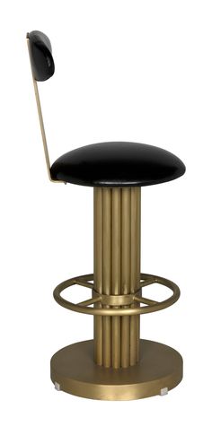 a black and gold bar stool with a round seat on the bottom, in front of a white background