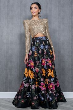 PALLAVI Black Floral Sequin Lehenga – HarleenKaur Long Sleeve Sequin Top, Lehenga Top, Sequin Lehenga, Gold Sequin Top, Reception Outfit, Floral Lehenga, Pakistani Wedding Outfits, Lehenga Skirt, Indian Dresses Traditional