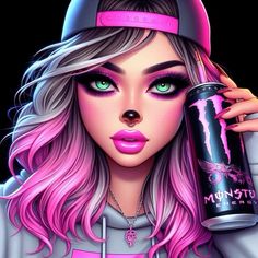 a girl with pink hair holding a can of monster energy