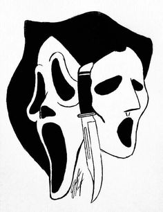 a black and white drawing of a person with a mask on