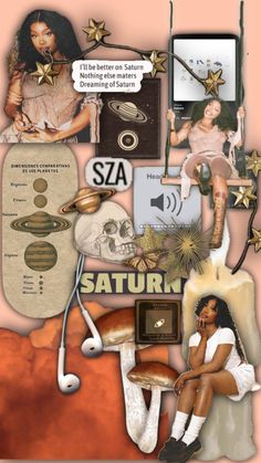 the collage has many different things on it, including an image of a woman