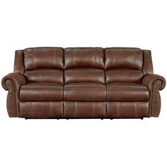 a brown leather couch with nail polishing on the armrests and back ends