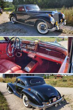 three different pictures of an old car with red leather seats and the interior in black