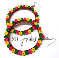 two pairs of colorful beaded hoop earrings with the words,'stylemy set'written on them