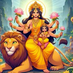 Devi Skandamata is the fifth form of Goddess Durga worshipped during Navratri. She is depicted as holding her son, Lord Skanda (also known as Kartikeya or Murugan), in her lap. "Skanda" refers to Lord Kartikeya, who is the commander of the army of gods, and "mata" means mother. Devi Skandamata represents motherly love, protection, and nurturing care. She is depicted with four arms, two of which hold lotus flowers, while the other two bestow blessings upon devotees. Worshippers seek her blessings for the well-being and protection of their children and family. Kartikeya God, Skandamata Devi, Goddess Skandamata, Lord Skanda, Lord Kartikeya, Motherly Love, Story Pictures, Goddess Durga, Four Arms