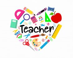 the word teacher surrounded by school supplies in a shape of a heart on a white background