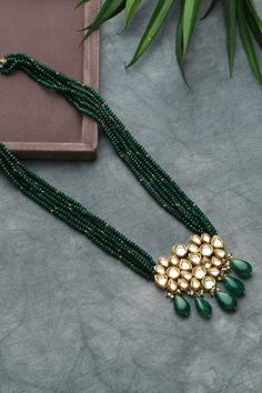 Shop for Paisley Pop Kundan Pendant Necklace Online at Aza Fashions Kundan Beads Necklace, Long Mala Jewellery, Emeralds Beads Jewellery, Moti Sets Jewellery, Moti Necklace Design, Green Beads Jewellery Designs, Tanishq Jewellery Gold Necklaces Antique, Green Beads Indian Jewellery, Green Necklace Indian