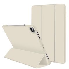 the back and side view of an ipad case, with its cover open to show it's interior