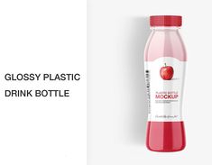 a bottle of water with an apple on it and the words glossy plastic drink bottle next to it