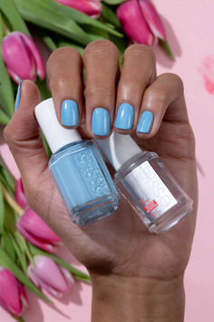 cue the makeover montage! start out your date night look with a creamy baby blue vegan nail polish with red undertones on your nails. Nail Collection, Blue Spring, Blue Springs, Night Looks