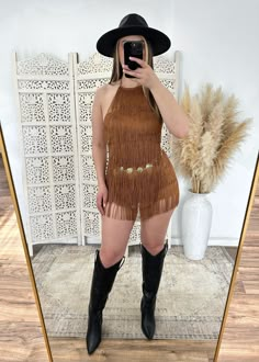 Fringe romper with open back detail -true to size Fringe Skirt With Body Suit, Glam Cowgirl Dresses, Outfits With Fringe Skirt, Jalisco Dress Concert, Duelo Concert Outfit, Outfits For A Rodeo, Fringe Romper Outfit, Intocable Concert Outfit Ideas, Vaquera Outfit Mexican Skirt