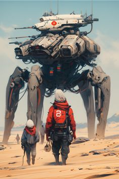 two people walking in front of a giant robot on the desert with another person standing next to them