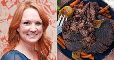 a woman smiling next to a plate of meat and carrots