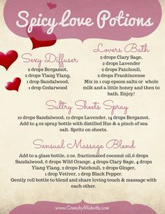 Essential Oil Aphrodisiac, Spice Up Your Love Life, Essential Oil Perfumes Recipes, Crunchy Moms, Perfume Recipes, Essential Oil Diffuser Blends Recipes, Essential Oils Guide