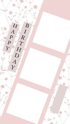 a pink and white photo frame with the words happy birthday written in black on it