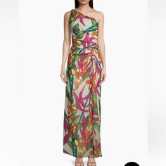 New With Tags! Cut In A One-Shoulder Silhouette, Ungaro's Ambrose Floor-Length Dress Features Large Painterly Tropical Prints And Ruched Wraparound Detailing. One-Shoulder Neckline Sleeveless Concealed Side Zip Closure Lining: 100% Polyester 100% Polyester Dry Clean Imported Tropical Prints, Emanuel Ungaro, Floor Length Dresses, Tropical Print, Side Zip, Floor Length, Pink And Green, One Shoulder Dress, Size 16