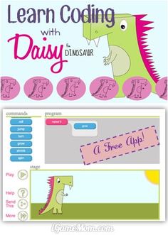 a computer screen with an image of a dinosaur and the text learn coding with daisy