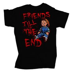 Chucky Halloween Unisex T-Shirt Black Halloween T-shirt With Text Print, Black Pop Culture T-shirt For Halloween, Black Halloween Top With Text Print, Black Halloween Fan Merchandise T-shirt, Black Horror Screen Print Tops, Halloween Black T-shirt With Text Print, Halloween Short Sleeve T-shirt With Text Print, Halloween Text Print Short Sleeve T-shirt, Black Cotton Horror T-shirt