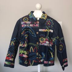 Simply Stunning Embroidered Denim Jacket. Bright Beautiful Colors! It’s Like Wearing A Piece Of Artwork! Perfect For Everyday. Has Side Pockets. Nicely Lined. Don’t Miss Out On This Very Unique Jacket. Machine Washable. 1-120-Blo Blue Embroidered Relaxed Fit Outerwear, Multicolor Denim Jacket For Spring, Blue Embroidered Outerwear With Relaxed Fit, Spring Multicolor Denim Jacket, Blue Embroidered Long Sleeve Denim Jacket, Casual Embroidered Denim Blue Outerwear, Casual Tops With Multicolor Embroidery And Patchwork, Denim Outerwear With Multicolor Embroidery Long Sleeve, Spring Denim Outerwear With Multicolor Embroidery